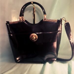Vintage Black Patent Leather structured Shoulder Bag with Gold Detailing